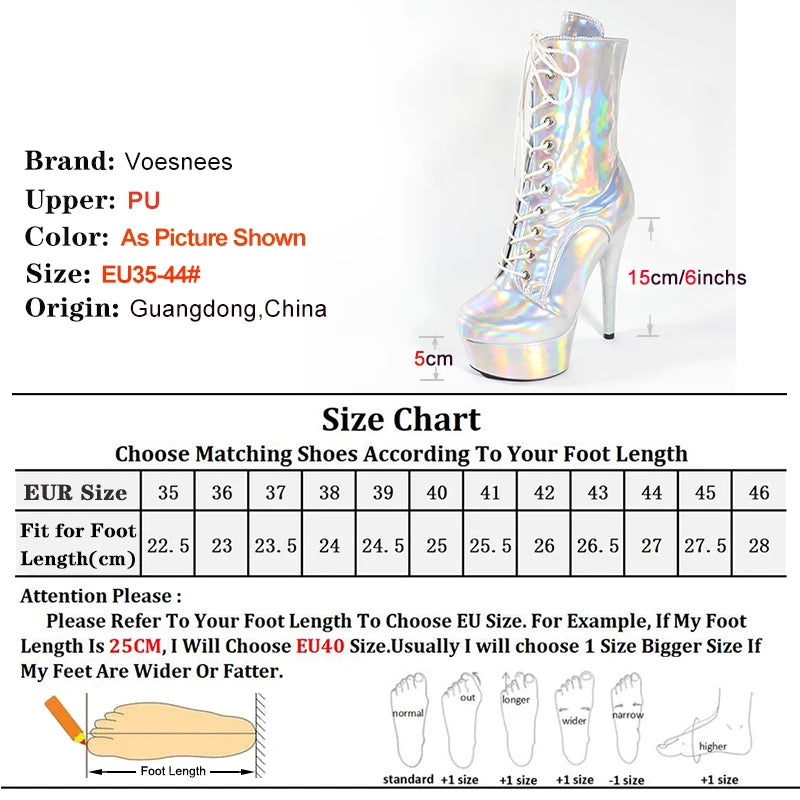 Sexy 15CM Exotic Pole Dancing Shoes High Heel Platform Lace-Up Spring Autumn Bright Silver Gradient Ankle Boots Stripper Shoes