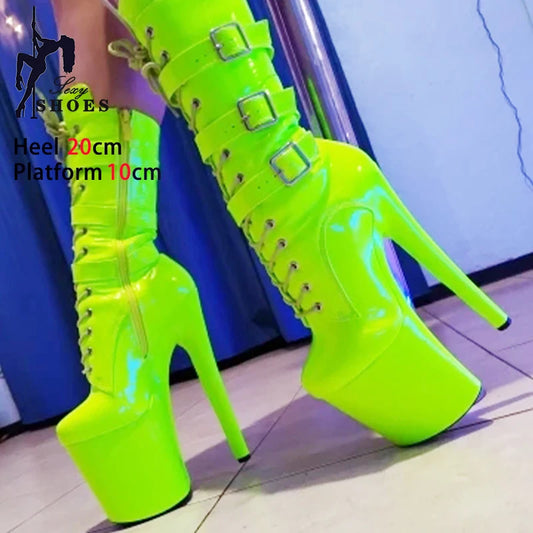 Fluorescent Green Fashionable Women ANKLE Boots Round Toe Side ZIP Short Boots Pole Dance Shoes Platform Heels Three Belt Buck