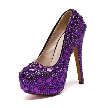 Sexy Fashion Women's Pumps Rhinestone Platform Wedding PU 14CM Thin Heels Round Toe Shallow Party Blue Pole Dancing Woman Shoes