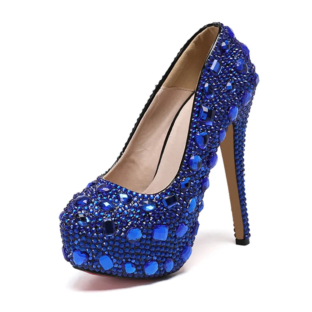 Sexy Fashion Women's Pumps Rhinestone Platform Wedding PU 14CM Thin Heels Round Toe Shallow Party Blue Pole Dancing Woman Shoes