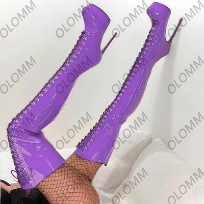 Handmade Purple Over The Knee Boots - Patent Leather Platform Stiletto Lace Up OTK Boots Plus US Size 5-20