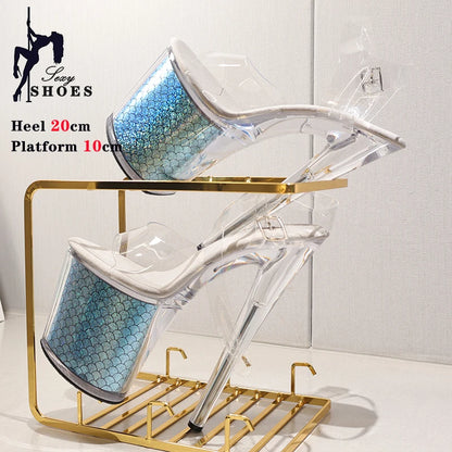 20cm/8Inch Crystal Transparent Women Sandals Models Dress Pole Dance Antiskid Shoes Bling Platform Buckle High Heel Party Shoes