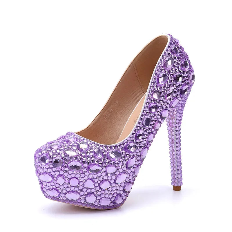 Sexy Fashion Women's Pumps Rhinestone Platform Wedding PU 14CM Thin Heels Round Toe Shallow Party Blue Pole Dancing Woman Shoes