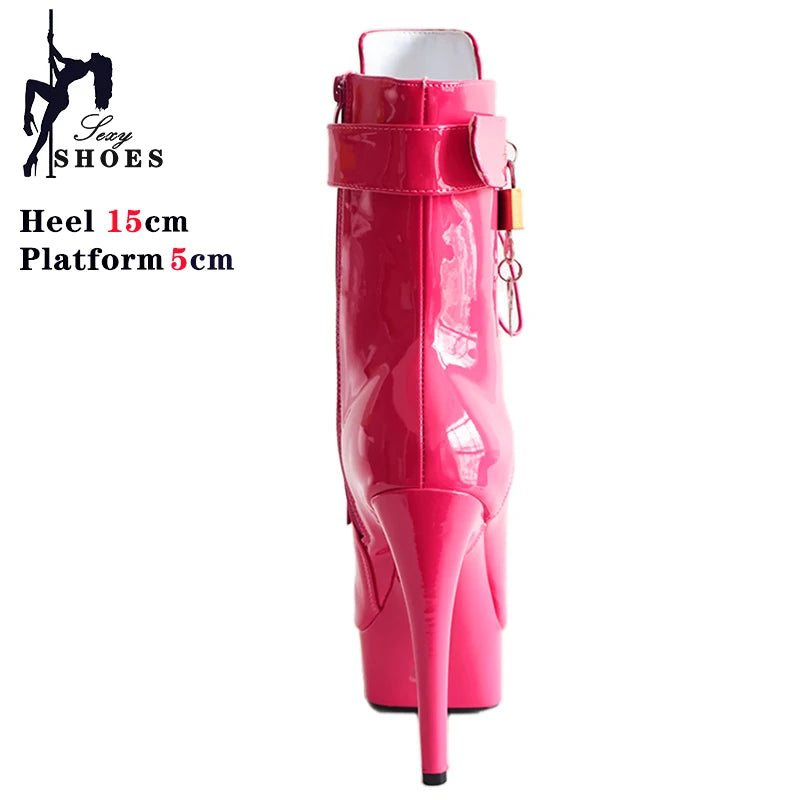 Pole Dance Striper Shoes Sexy 6 inch High Heel Women Ankle Boots Fetish Padlocks Short Boots High heels Party Sexy Black Shoes