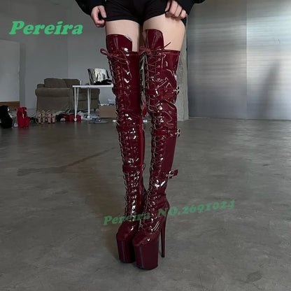 Sage Green Patent Leather Thigh High Boots Platform Pole Dance Stilettos Buckle Women's Long Boots Lace-Up Glossy Nightclub Shoe