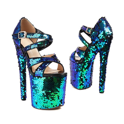 Women Sandals Shine Fine High Heels Open Toe Sexy Party Dress Wedding Shoes Bridal Cross Buckle Dance Platform Sandals 197-3