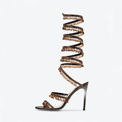 Thin high-heeled sandals summer new snake-shaped wrapped crystal pendant fringed rhinestone shoes banquet large-size women shoes