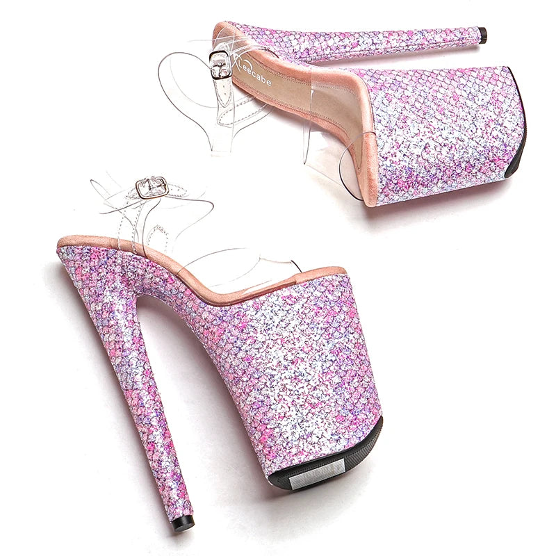Leecabe 23CM/9inches Clear PVC upper glitter material cover  Platform  High Heels Sandals party stripper heel Pole Dance shoes