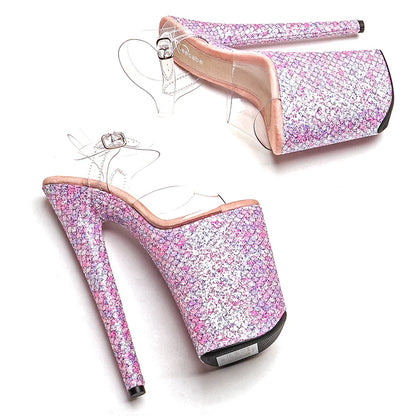 Leecabe 23CM/9inches Clear PVC upper glitter material cover  Platform  High Heels Sandals party stripper heel Pole Dance shoes