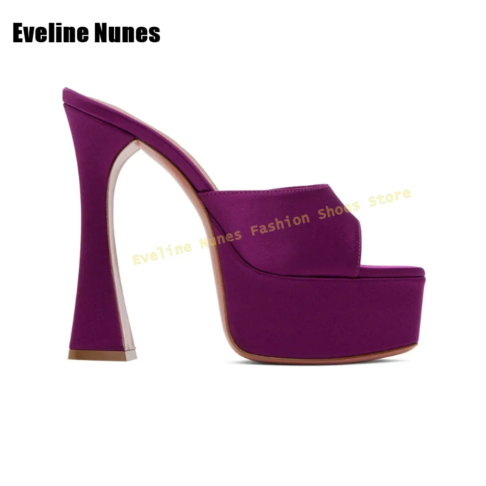Peep Toe Platform Green Sandals 2025 Summer Square Toe Block Heels Satin Shallow Slip On Women Sexy Slippers Runway Show Shoes