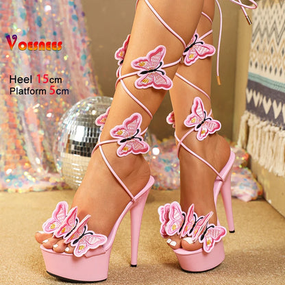 15CM Stiletto Butterfly Lace-up Pole Dance Shoes Women Platform Designer Summer Ankle Strap Party Sandals Summer Stripper Heels