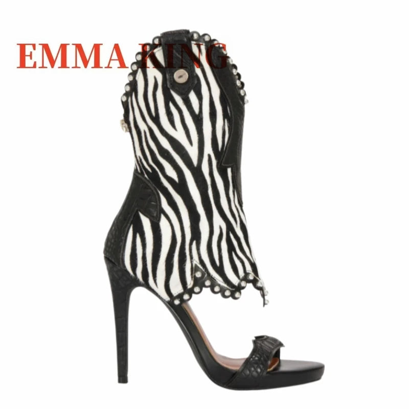 Cow Print Cowboy Style High Heel Sandals for Women Open Toe Stiletto Heels with Studded Western Ankle High Party Club Shoes
