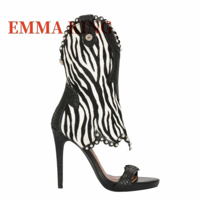 Cow Print Cowboy Style High Heel Sandals for Women Open Toe Stiletto Heels with Studded Western Ankle High Party Club Shoes