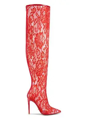 Summer Woman Black Blue Red Lace Clear PVC Air Mesh Pointed Toe 10 12 CM Thin Heels Over The Knee Boots Female Sexy Thigh Boots