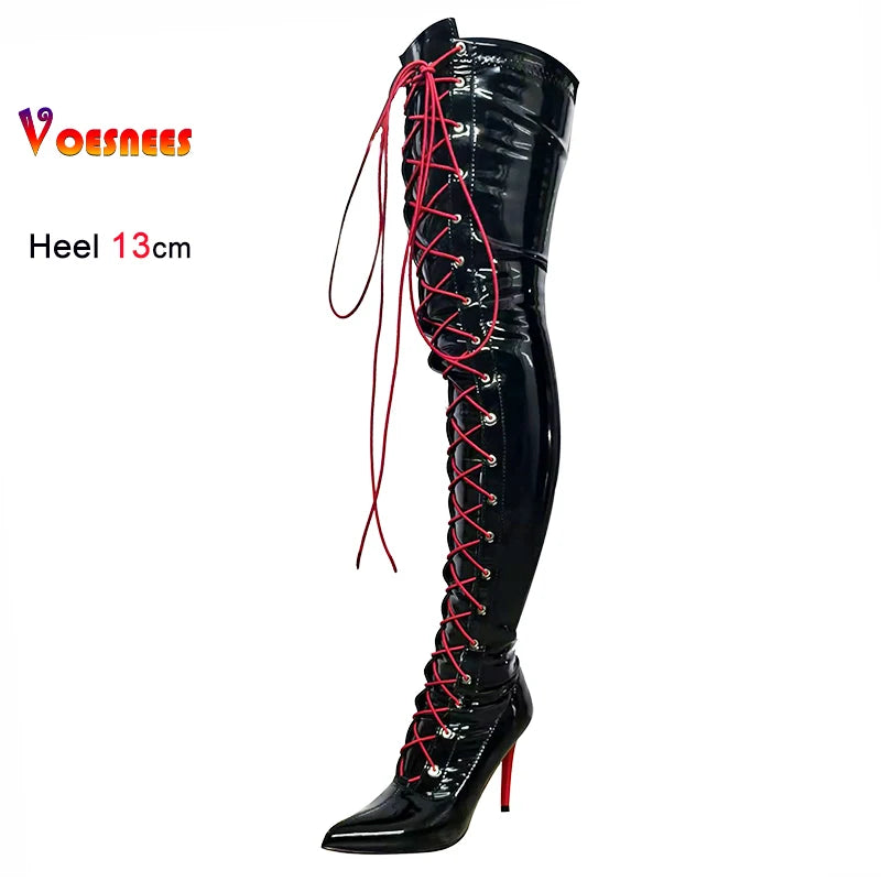 Sexy Dance Shoes 13cm Thin Heels Lady Sexy Black Over Knee Long Boots T Show Pointy Toe Club Thigh High Party Shoes For Women