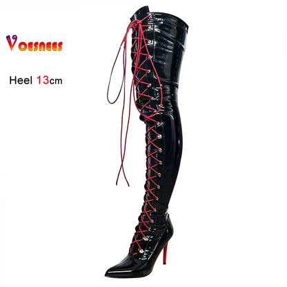 Sexy Dance Shoes 13cm Thin Heels Lady Sexy Black Over Knee Long Boots T Show Pointy Toe Club Thigh High Party Shoes For Women
