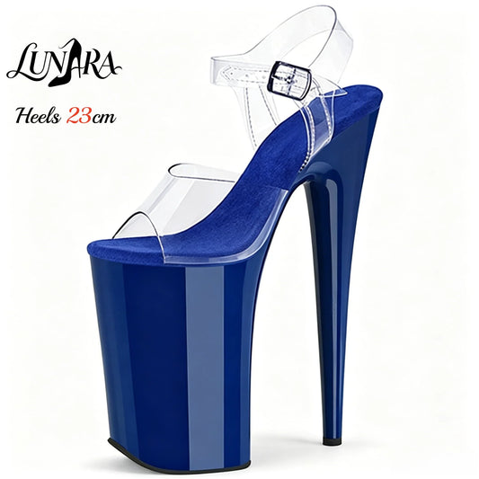 Womens 23cm/9Inch Blue Clear Ankle Strap Buckle Open Toe Platform Stiletto Sandal Stripper  Pole dance Runway Nightclub Raves