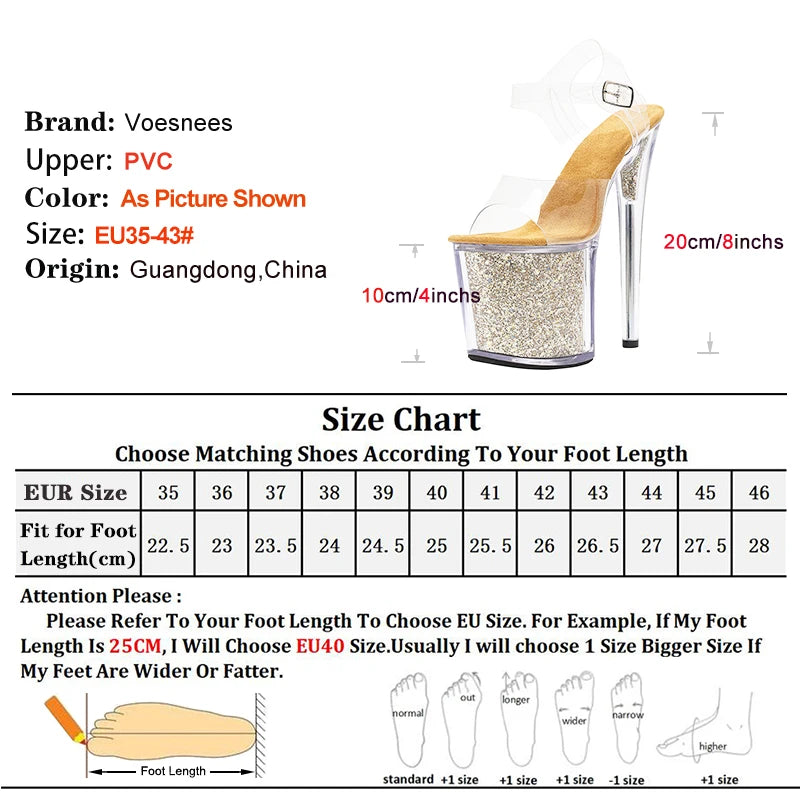 20CM Extreme High Heel Sequin Platform Clear Sandals Women Transparent PVC Summer Sexy Runway Sandals Stripper Pole Dance Shoes - Grande Heels