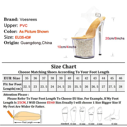 20CM Extreme High Heel Sequin Platform Clear Sandals Women Transparent PVC Summer Sexy Runway Sandals Stripper Pole Dance Shoes - Grande Heels