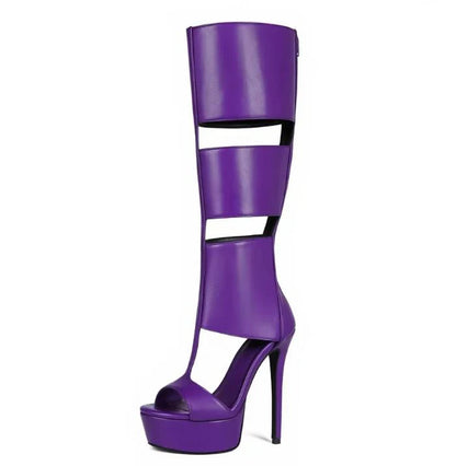 Super Platform Knee Sandal Boots Women Caged Thick T-Strap Gladiator Open Toe Back Zipper Summer Cutout Botas Lady Shoes