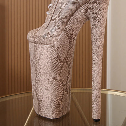 2025 Women Boots Fashion Super High Heels Snake Pattern 26cm Sexy Round Toe Platform Nightclub Pole Dance Boots Runway Shoes