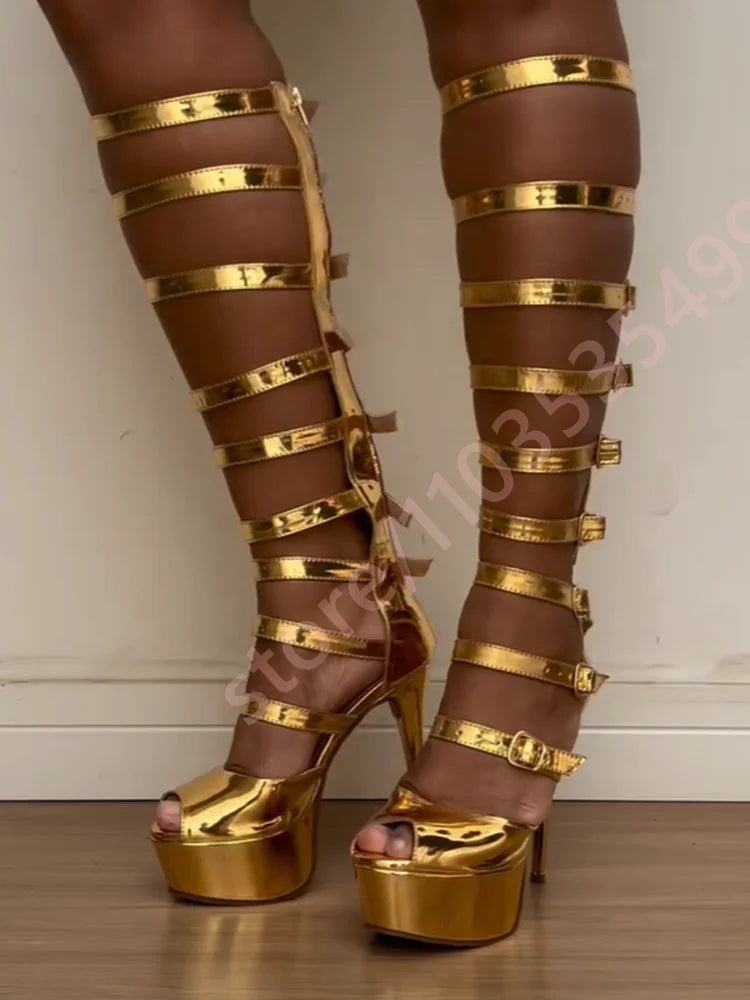 Metallic Gold Thigh High Heels Gladiator Wrap Strap Design Ultra High Stiletto Platform Shiny Party Runway Sandals for Women