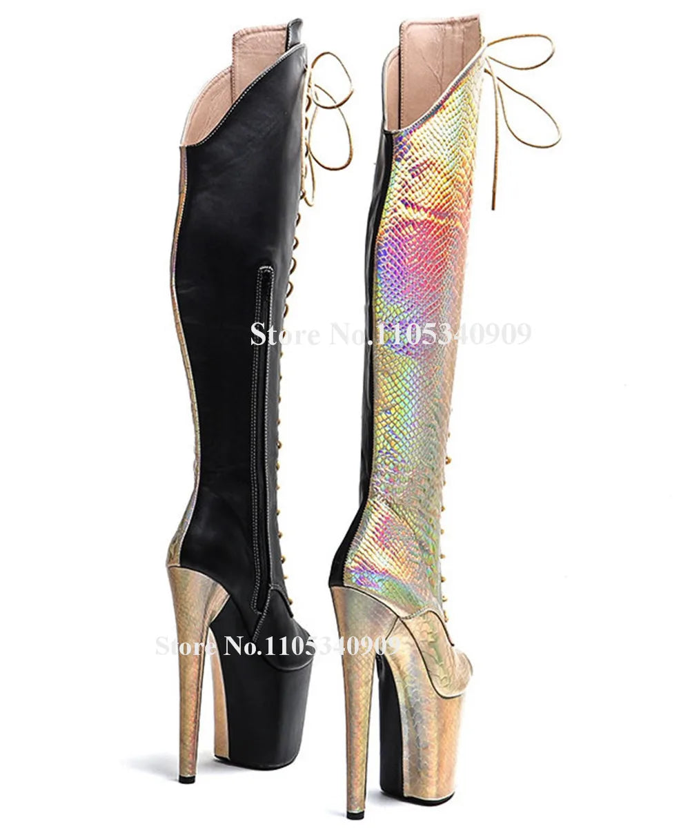 Bondarenko Gold Snakeskin Leather Patchwork Black Stiletto Heel Over Knee High Boots Peep Toe High Platform Thin Heel Dance Shoe