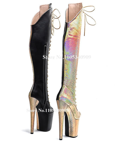 Bondarenko Gold Snakeskin Leather Patchwork Black Stiletto Heel Over Knee High Boots Peep Toe High Platform Thin Heel Dance Shoe