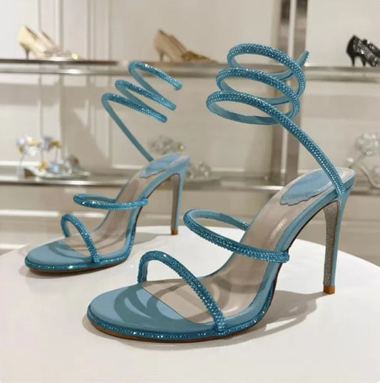 2025 Crystal High Heels Sandals For Women Open Toe Ankle Snake Around Designer Rhinestone Silver Dress Party Wedding Shoes Woman