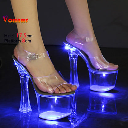 Glowing Sandals For Women 17.5CM Clear Heels Light Up Luminous Platform Stripper Pole Dance Shoes Summer Transparent PVC Shoes