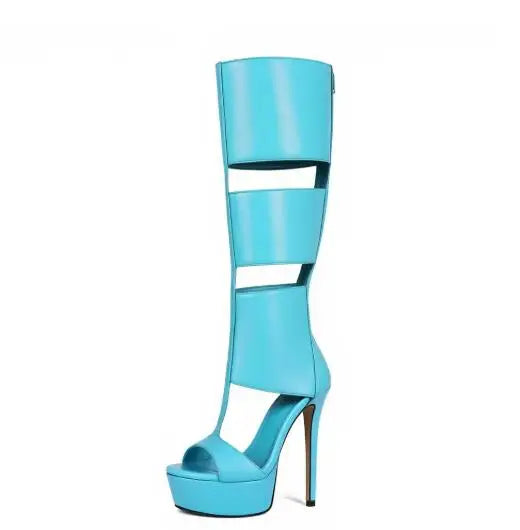 Super Platform Knee Sandal Boots Women Caged Thick T-Strap Gladiator Open Toe Back Zipper Summer Cutout Botas Lady Shoes
