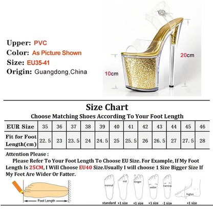 20CM/8inche Exotic Stripper High Heel Sandals Transparent Upper Glitter Stiletto Heels Pole Dancing Women Shoes Sequin Platform