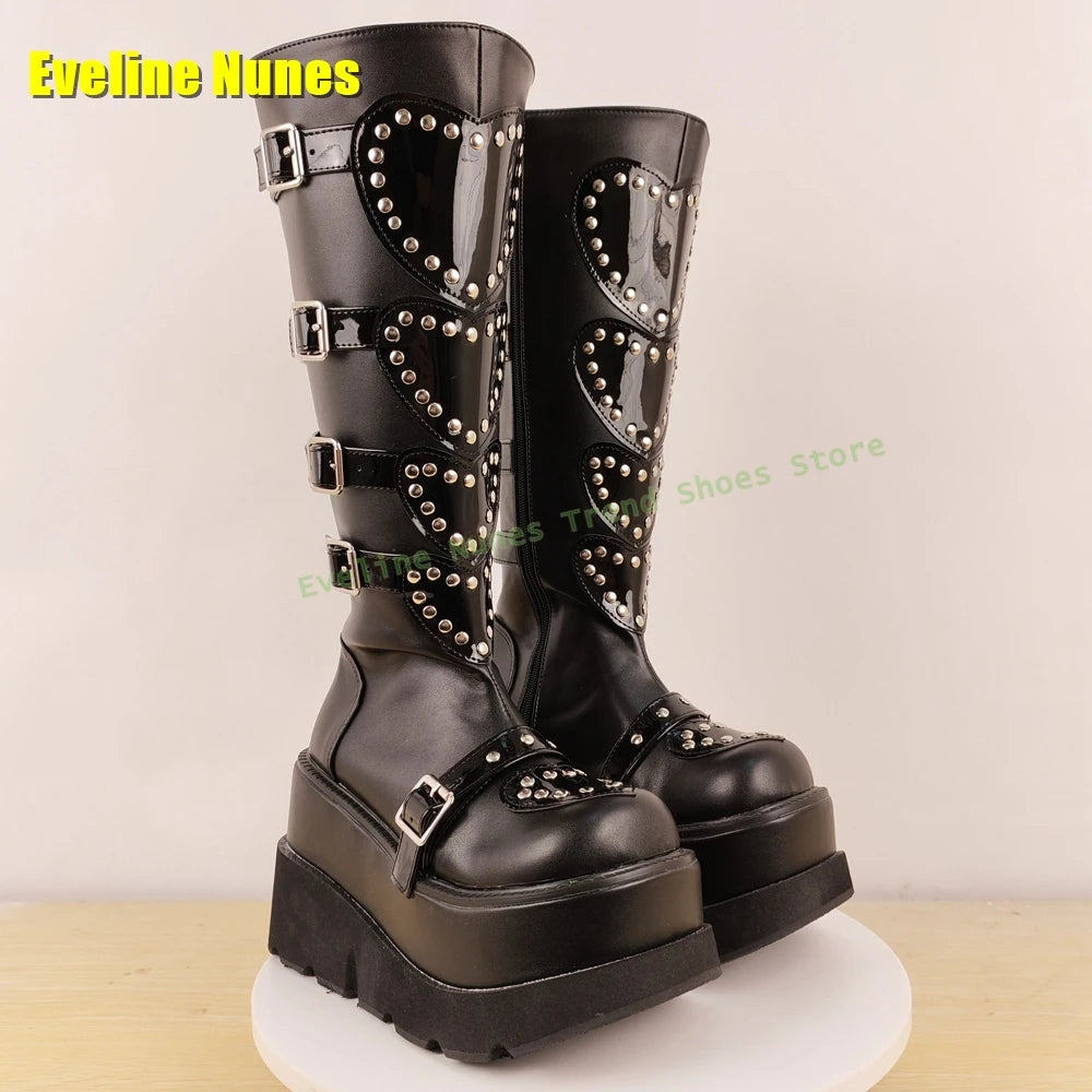 Heart Platform Wedge Knee High Boots Pink Round Toe Thick Sole Belt Buckle Women Y2K Sweet Cool Fashion Shoes Street Style 2025