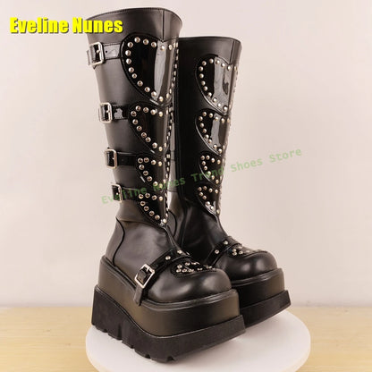 Heart Platform Wedge Knee High Boots Pink Round Toe Thick Sole Belt Buckle Women Y2K Sweet Cool Fashion Shoes Street Style 2025