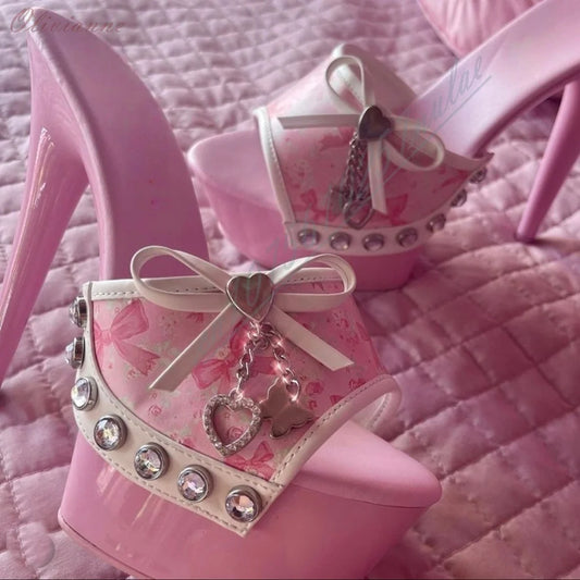Pink Color Front Butterfly Knot Decor Slippers Peep Toe Platform Stiletto High Heel Summer 2026 Sweet Side Crystals Pole Dance