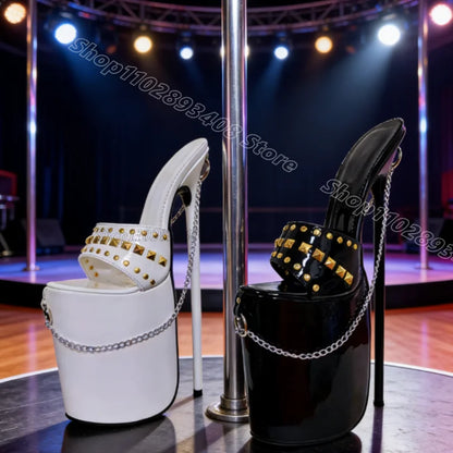 Black Rivet Chain Decor Sexy Slippers Patent Leather Open Toe Summer British Style Women Party Dress Shoes Zapatos Para Mujere