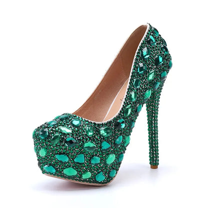 Sexy Fashion Women's Pumps Rhinestone Platform Wedding PU 14CM Thin Heels Round Toe Shallow Party Blue Pole Dancing Woman Shoes