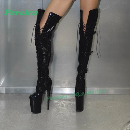 Sage Green Patent Leather Thigh High Boots Platform Pole Dance Stilettos Buckle Women's Long Boots Lace-Up Glossy Nightclub Shoe