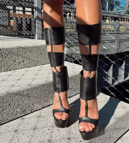 Super Platform Knee Sandal Boots Women Caged Thick T-Strap Gladiator Open Toe Back Zipper Summer Cutout Botas Lady Shoes