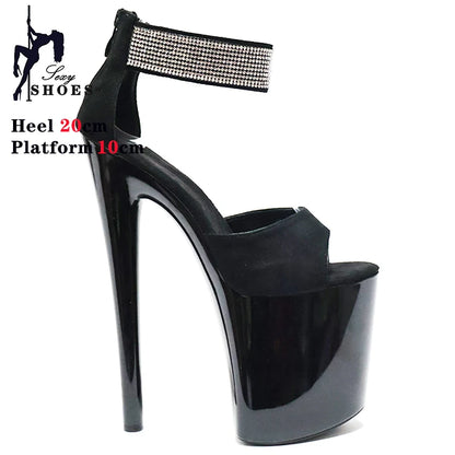 20cm/8inchs High-heeled Sandals Women's Summer Strap Thin Heel Black Sandals Stripper Pole Dance Dress Models Nightclub Shoes