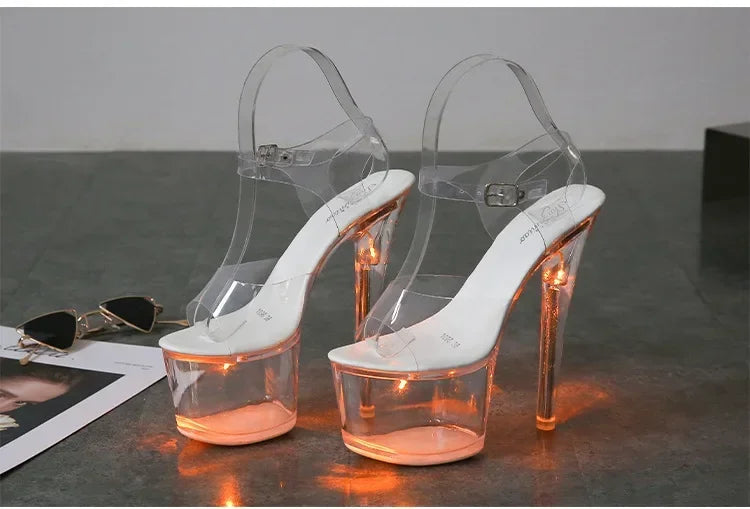 17CM Mclubgirl 34-43 New Heels Nightclub High Heels Shoes Luminous Sandals Shoes Catwalk Pole Dancing Shoes Crystal Bottom LFD