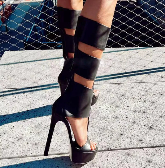 Super Platform Knee Sandal Boots Women Caged Thick T-Strap Gladiator Open Toe Back Zipper Summer Cutout Botas Lady Shoes