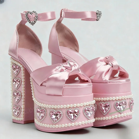 Pink Crystal Heart Decor Platform Pumps Pearl Decor Chunky Heel Round Toe High Shoes for Women Heels Shoes Zapatos Para Mujere