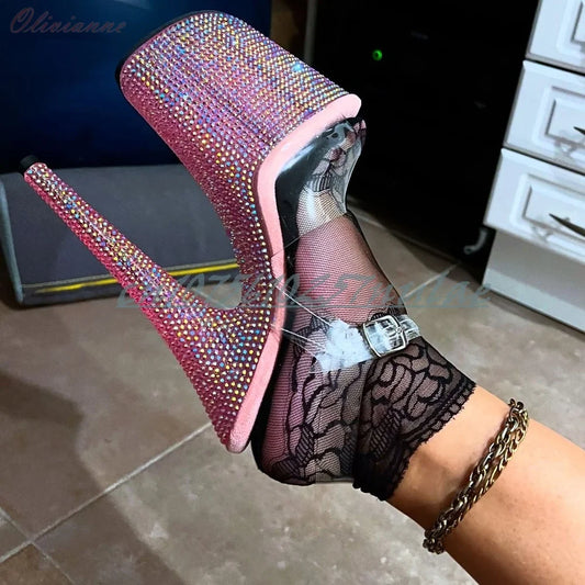 Pink Glitter Crystals Platform Sandals Clear PVC Ankle Strap Stiletto High Heel Party Hot Girls Women Dance Shoes Pole Dance