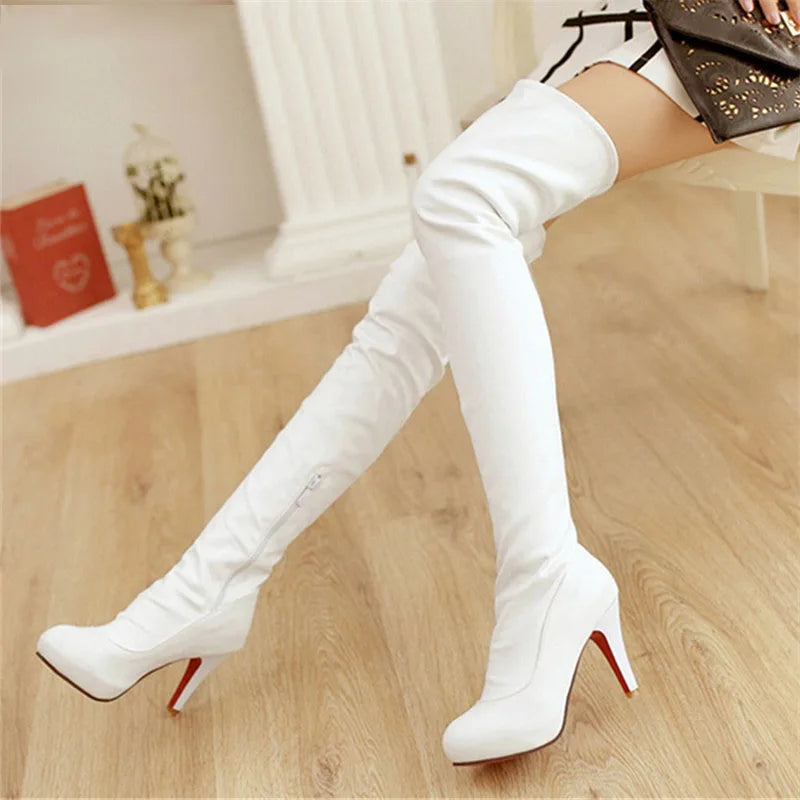 Sexy Spuer High Heel Over The Knee Boots Women Platform Stretch Boots Zipper Autumn Winter Fashion Women Shoes Black White