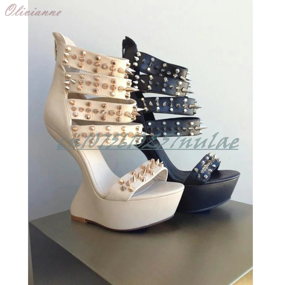 Black Metal Rivets Decor Open Toe Sandals Strange Style High Heel Back Zipper Fashion Sexy Women Shoes 2025 Zapatos Para Mujere