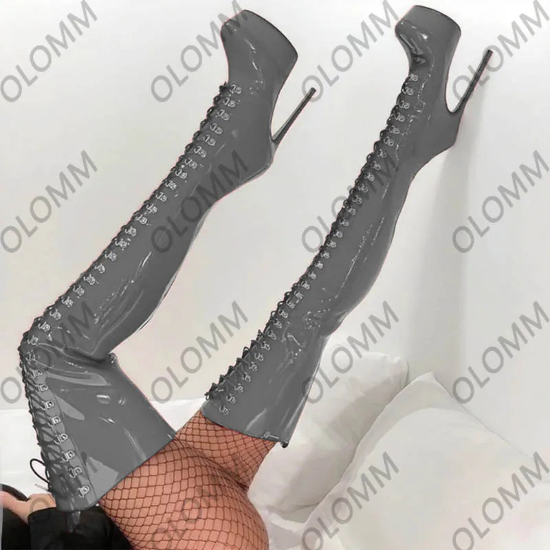 Handmade Purple Over The Knee Boots - Patent Leather Platform Stiletto Lace Up OTK Boots Plus US Size 5-20