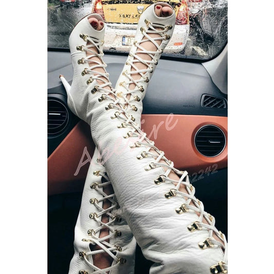 Women'S White Hollow Open Toe Sandals Boots Stiletto Cross Strap Wedding Over-The-Knee Boots Elegant Party Dress High Heels 46