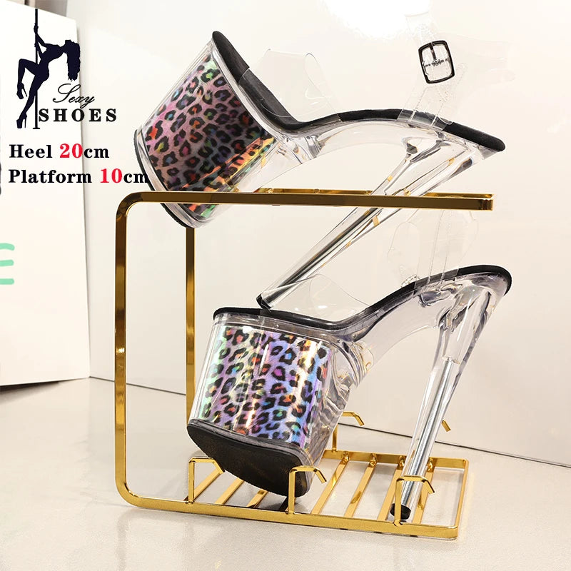 New Leopard Print Crystal Transparent Bling Women Sandals Dress Pole Dance Antiskid Shoes Platform Buckle High Heels Party Shoes