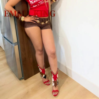 Cow Print Cowboy Style High Heel Sandals for Women Open Toe Stiletto Heels with Studded Western Ankle High Party Club Shoes